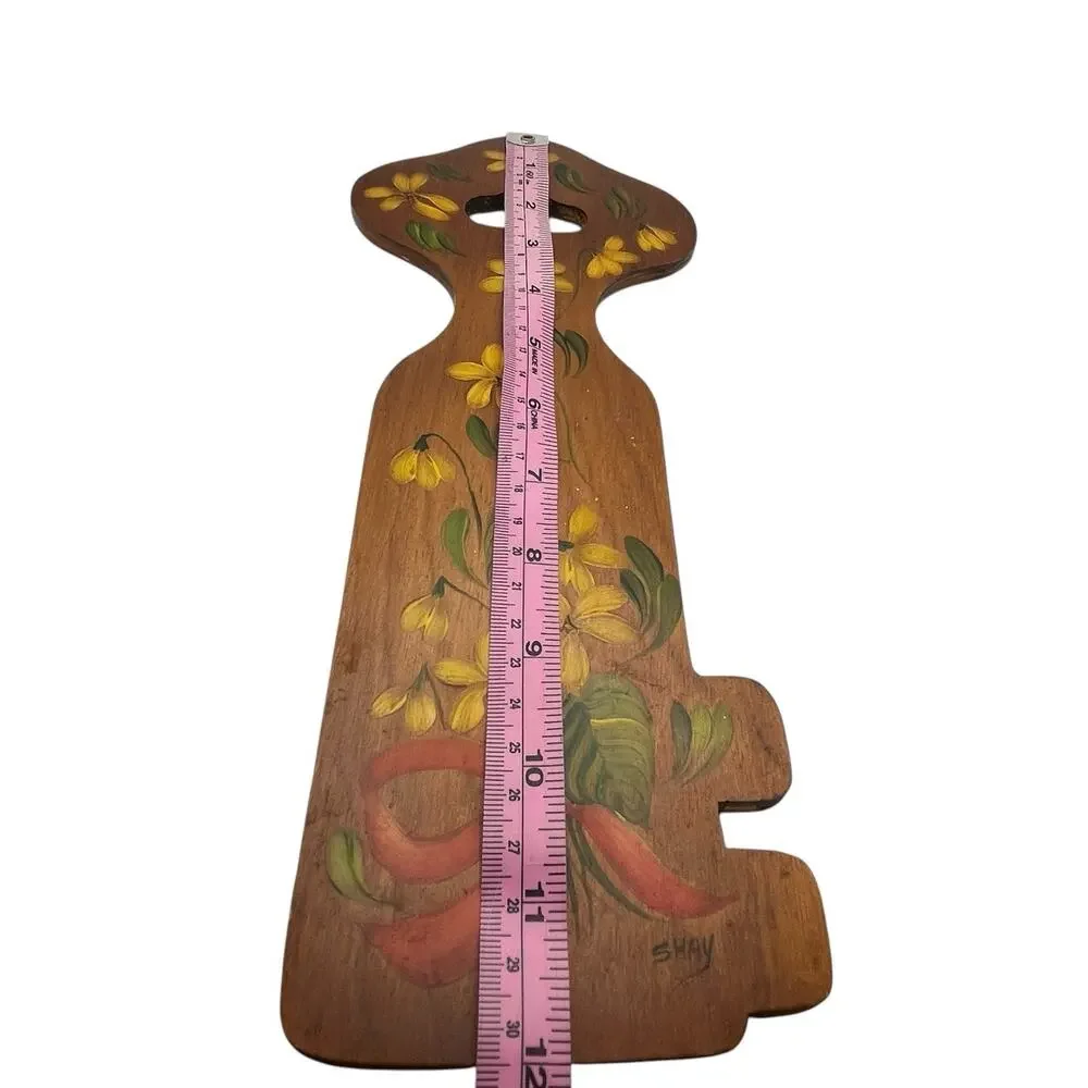 Wooden Key Yellow Flowers Hand Painted Norwegian Folk Art ROSEMALING Signed Shay